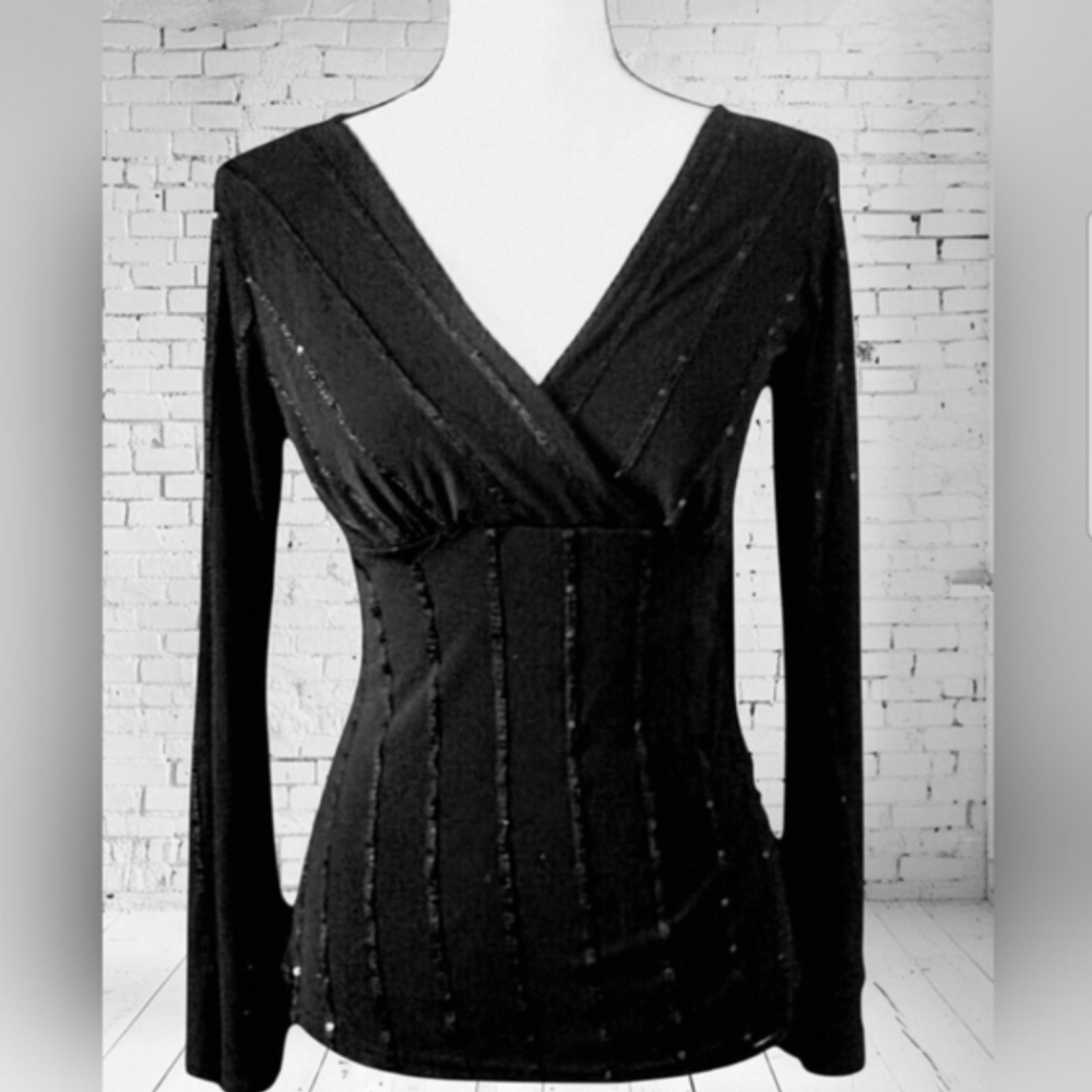 Vintage Y2K Wrapper Plunge V-Neck LS Black Sequin Top